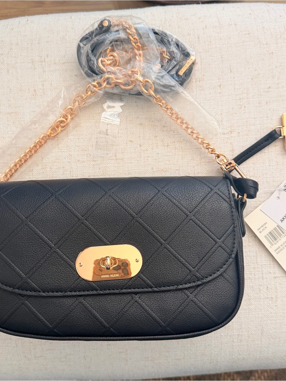 Anne Klein Black Quilted Crossbody with Gold Chain Strap